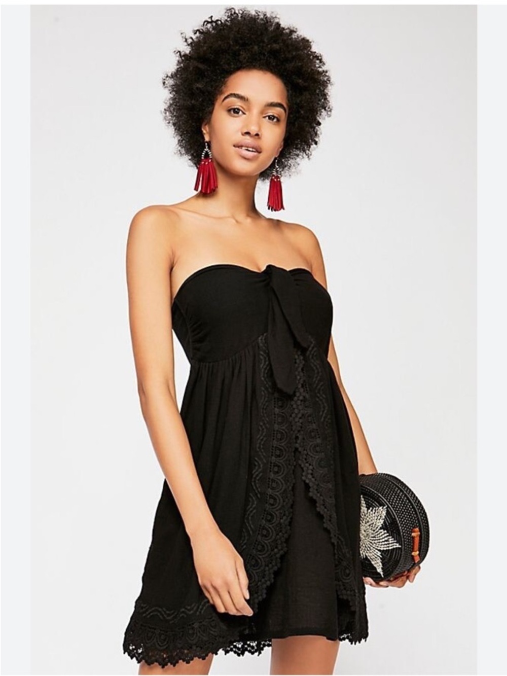 Free People Lace Embroidered Black Strapless Knot-Front Mini Dress Size S